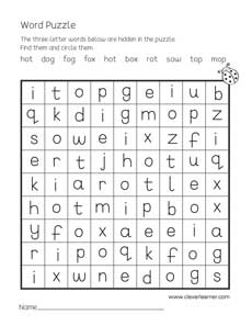 Free three-letter word puzzle worksheets for children with vowel o